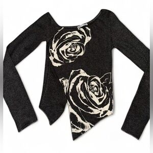 Y2K style asymmetrical handkerchief edge rose print ribbed top off shoulder neck